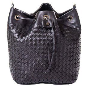 Cassia - Black Woven Leather Bucket Bag